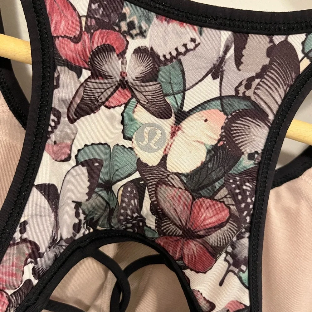 Lululemon Sweaty Or Not Bra II So Fly Butterfly Angel Wing Multi/Black 6